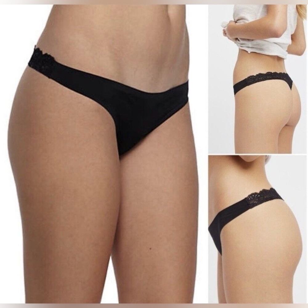 Free People Intimately Smooth Thong Black Lace Trim Panty XS OB641170